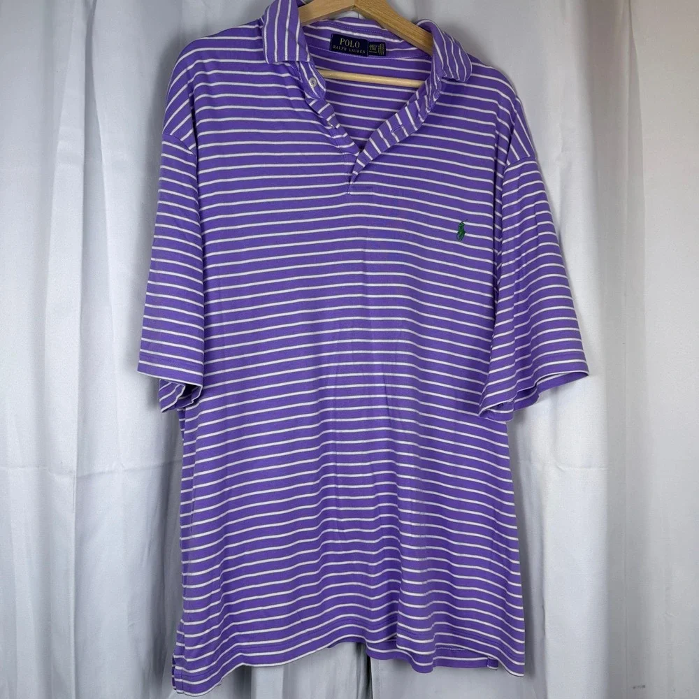 Polo Ralph Lauren Mens 2XLT Purple White Striped Short Sleeve Polo Shirt Tall